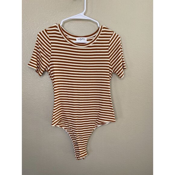 Carly Jean Los Angeles Womens Striped Short Sleeve Bodysuit L Brown Cotton - Picture 2 of 8